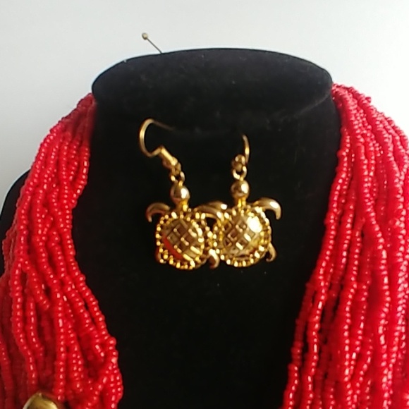 Bold Multi Strand Red Seed Bead Necklace with Turtle and Earrings Set - Picture 4 of 5